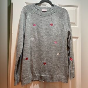 Pink Lilly, gray with pink and white lips sweater, size Xl